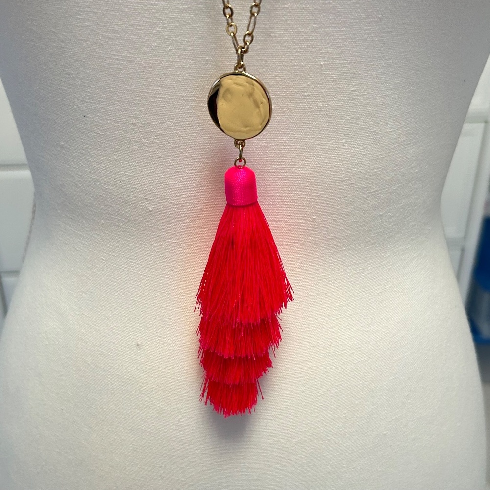 Long Neon Pink Tassel Necklace